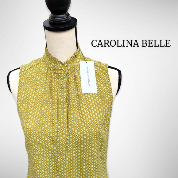 NWT Carolina Belle Sleeveless High Neck Hidden Button Down Chartreuse Top (XS) $ - Picture 2 of 12